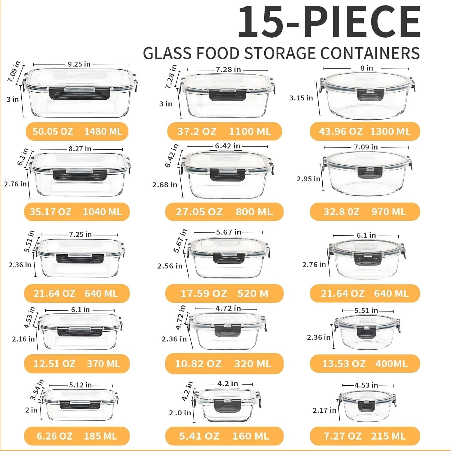 15 Pack Glass Food Storage Containers with Lids Airtight, Glass Meal Prep